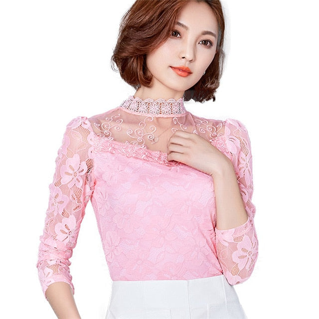 Blouses Spring Autumn Fashion Sexy Slim Shirt Tops Lace Long Sleeve O-Neck Leisure