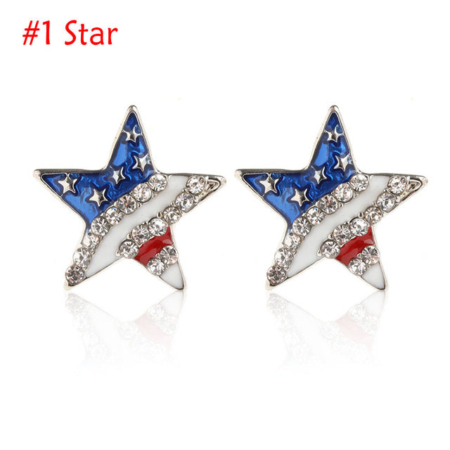 Heart Crystal Ear Studs Fashion Star Shape American Flag Earrings For Women Patriotic Jewelry Gifts Pendientes Oorbellen