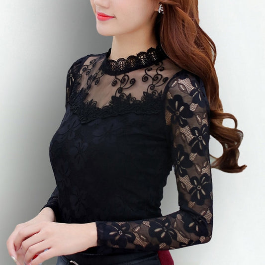 Blouses Spring Autumn Fashion Sexy Slim Shirt Tops Lace Long Sleeve O-Neck Leisure