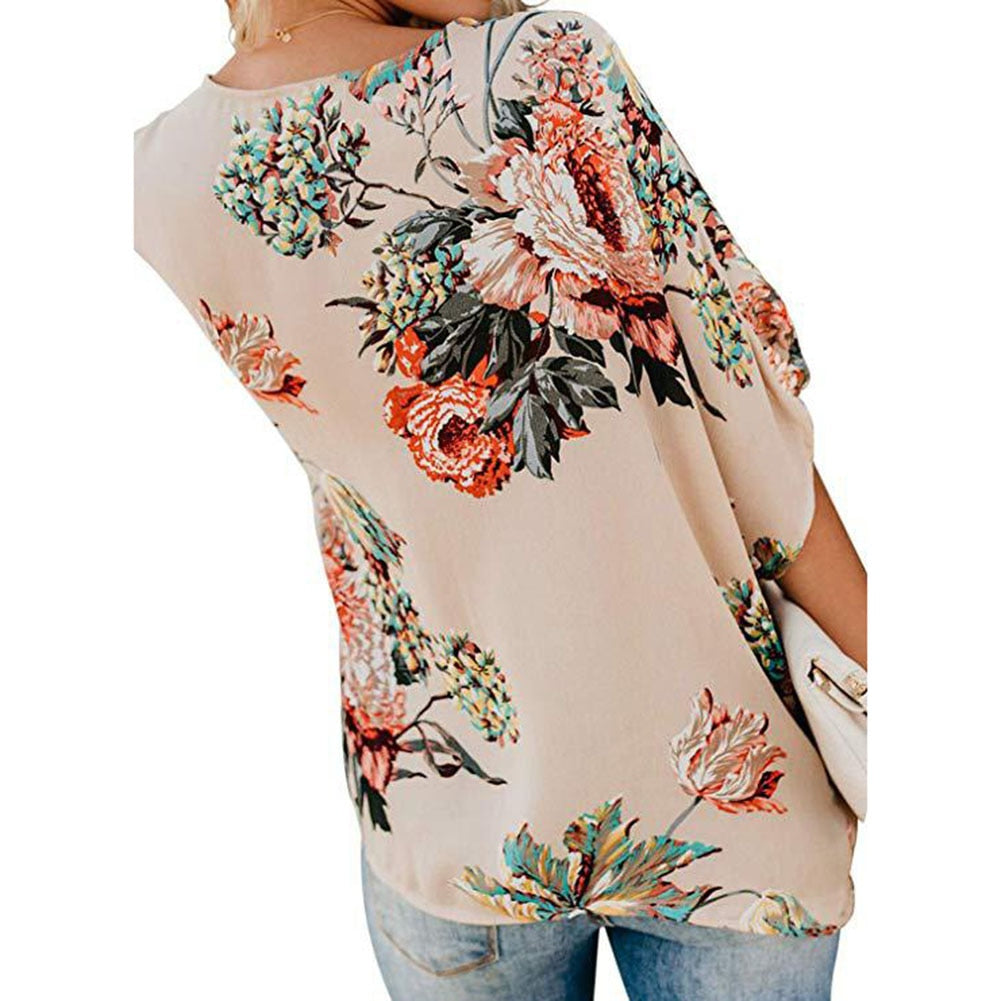 Fashion Concise Bohemia Style Women's Floral Printed V Neck Ruched Twist Tops Short Sleeve Loose Casual Vacation Shirts