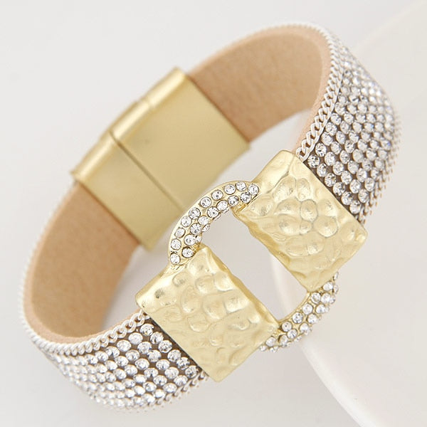 Sparkling Full Rhinestone Belt Buckle Wide Magnetic Leather Bracelets