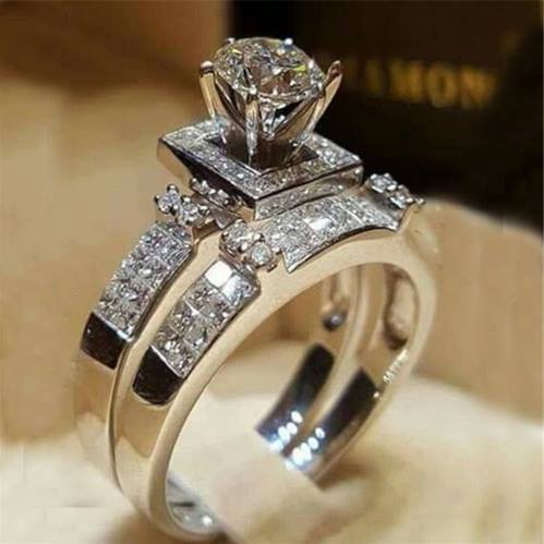 Elegant Wedding Engagement Rings Set 2 PCS Sterling Silver With Full Shiny CZ