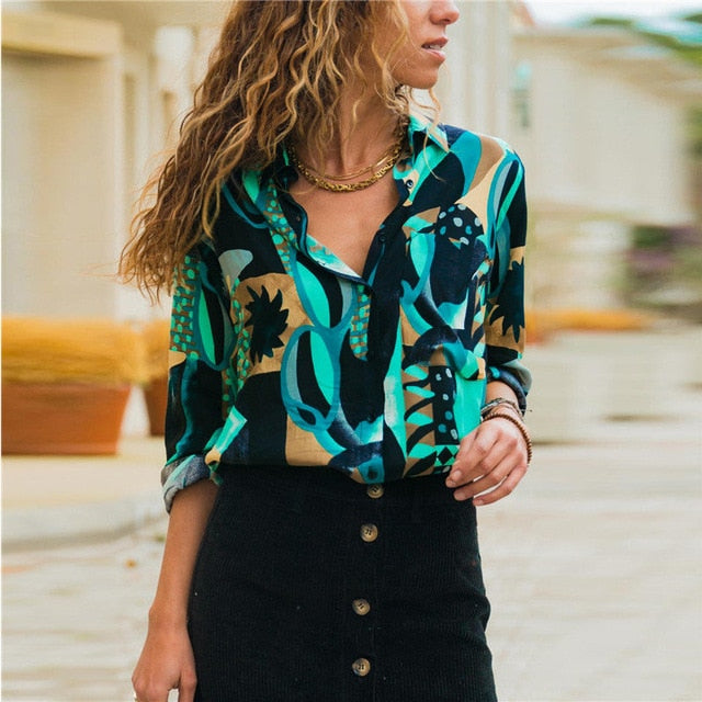 Women Chiffon Blouses Long Sleeve Turn Down Collar Office Shirt Geometric Print Blouse Loose Casual Tops