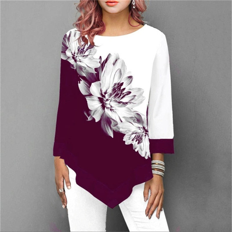 New Shirt Women Spring Summer Floral Printing Blouse 3/4 Sleeve Casual T - shirt