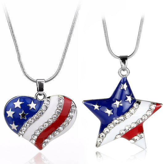 Fashion Jewelry High Quality American Flag Heart & Star Necklace The Old Glory Crystal Necklace Women Gift