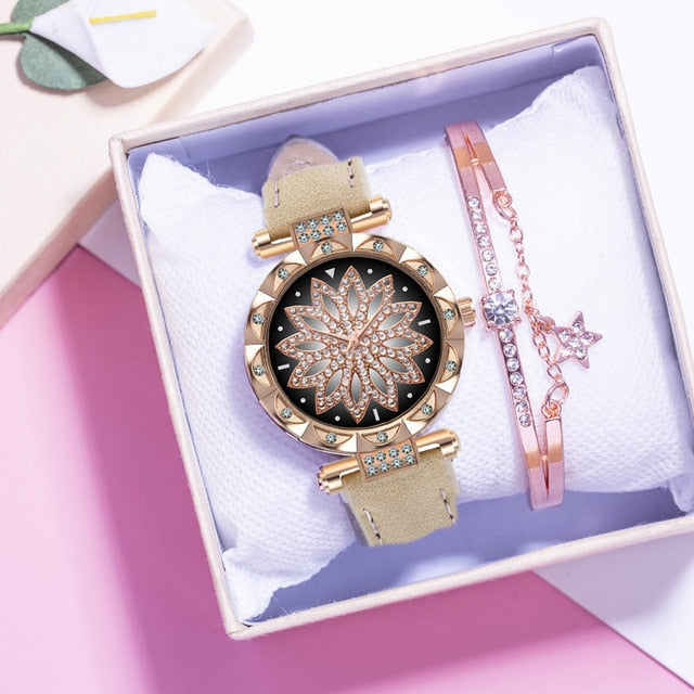 New Fashion Leather Strap Watch Women Quartz Watch Romantic Starry Sky Wrist Watch Bracelet Set for Women Gift Wrist Accessories