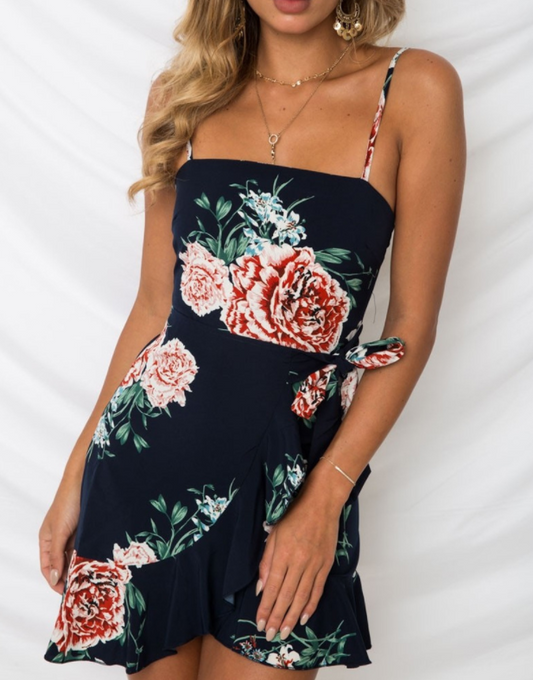 Women's leaf print suspender chiffon dress sexy beach seaside vacation irregular skirt