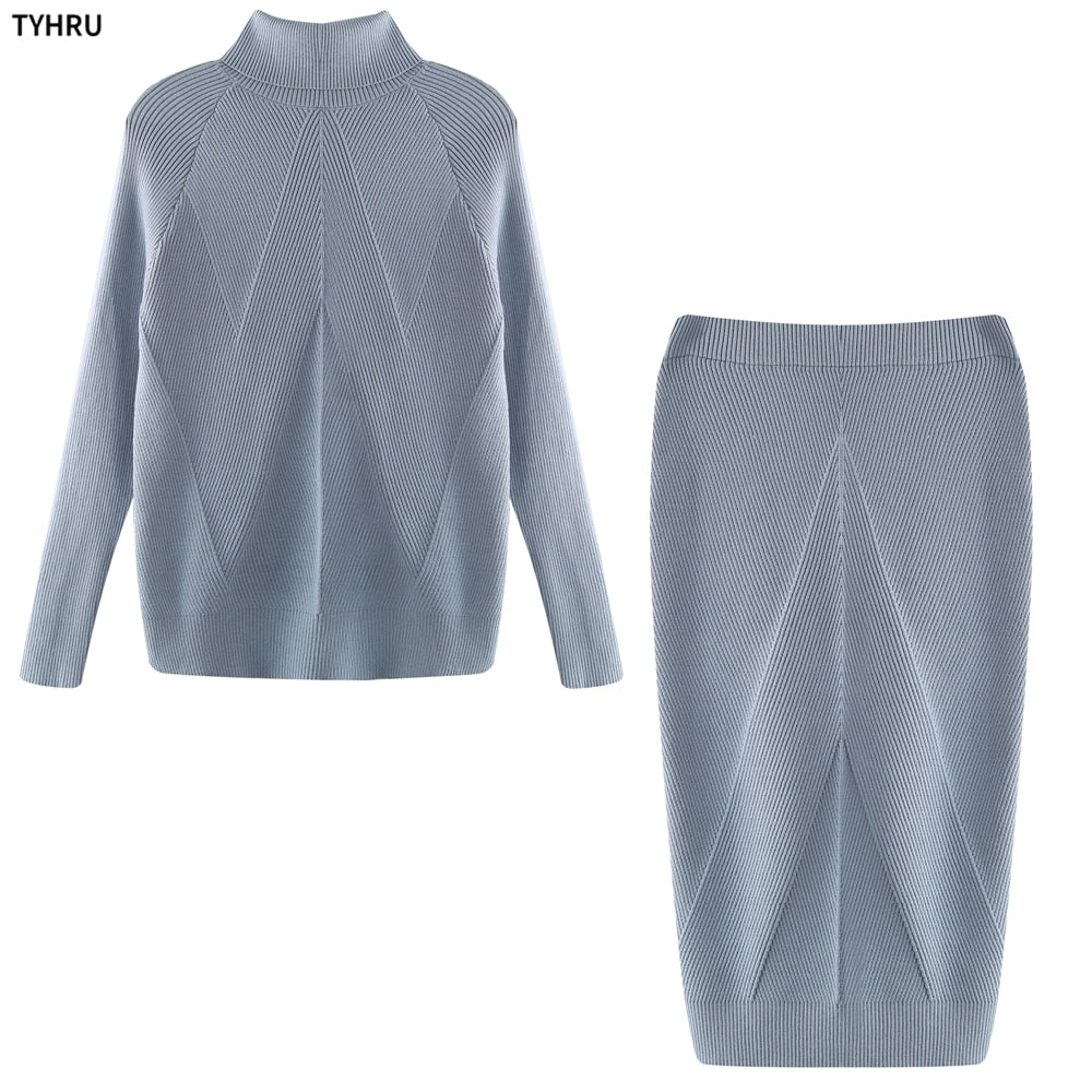 Autumn Women's Knitting Costume Turtleneck Solid Color Pullover Sweater + Slim Skirt Two-Piece Set