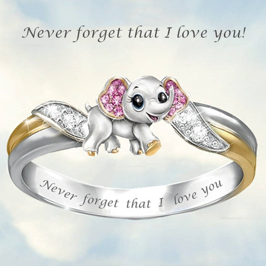 Never Forget I Love You Silver Cute Pink Elephant Crystal Zircon Engagement Ring Accessories Lover's Gift Anniversary Jewelry