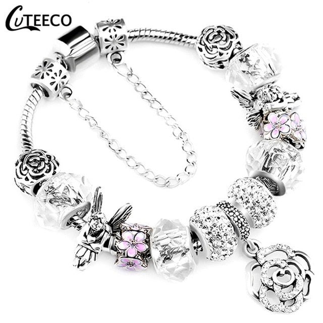 Silver Charms Bracelet Bangle For Women Crystal Flower Beads Fit Brand Bracelets Jewelry