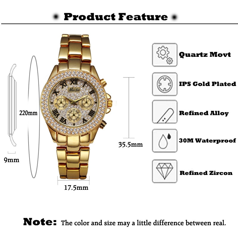 MISSFOX 1846  Women Watches Luxury Watch Women Fashion Fake Chronograph Roman Numerals 18K Gold Ladies Watches Quartz Wristwatch