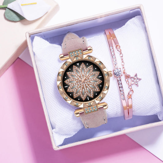 New Fashion Leather Strap Watch Women Quartz Watch Romantic Starry Sky Wrist Watch Bracelet Set for Women Gift Wrist Accessories