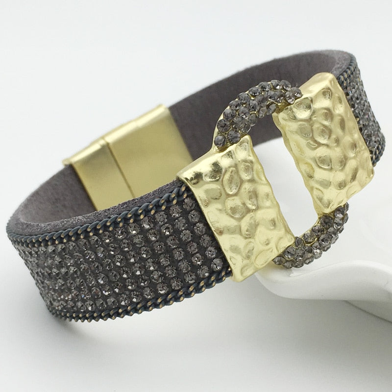 Sparkling Full Rhinestone Belt Buckle Wide Magnetic Leather Bracelets