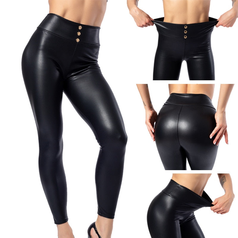 Everbellus Women Sexy Faux Leather Leggings with Button High Waist Thin & Thick Push Up Solid Black Slim PU Leggins Plus Size