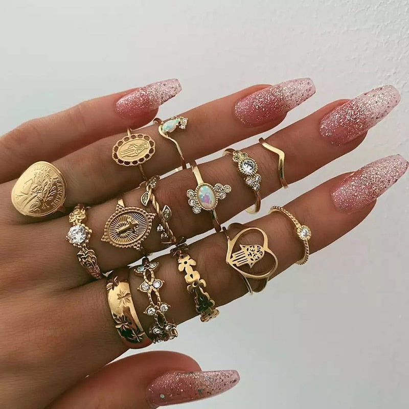 Tocona 15 Pcs/set Boho Virgin Mary Gold Rings for Women Heart Fatima Hands Anillos Cross Leaf Geometric Kольцо Jewelry 7056