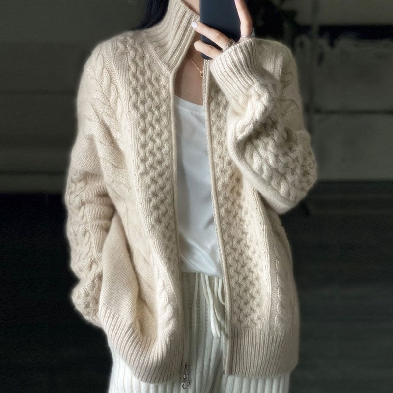 Heavyweight Thick Cashmere Sweater Women's Turtleneck Zipper Sweater Cardigan Lazy Loose Short Wool Knitted Top Coat
