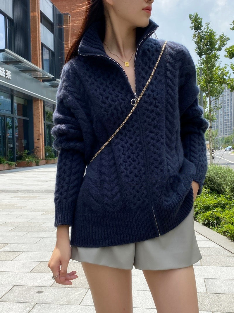 Heavyweight Thick Cashmere Sweater Women's Turtleneck Zipper Sweater Cardigan Lazy Loose Short Wool Knitted Top Coat