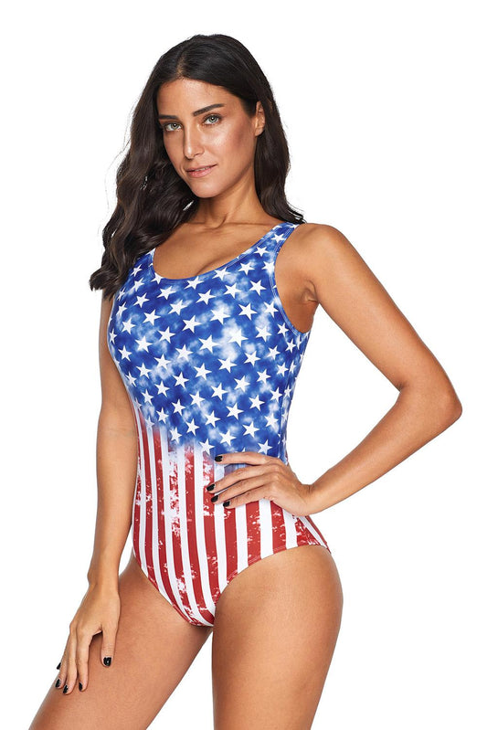 Flag Print Stars and Stripes Criss Cross Back One Piece Swimsuit