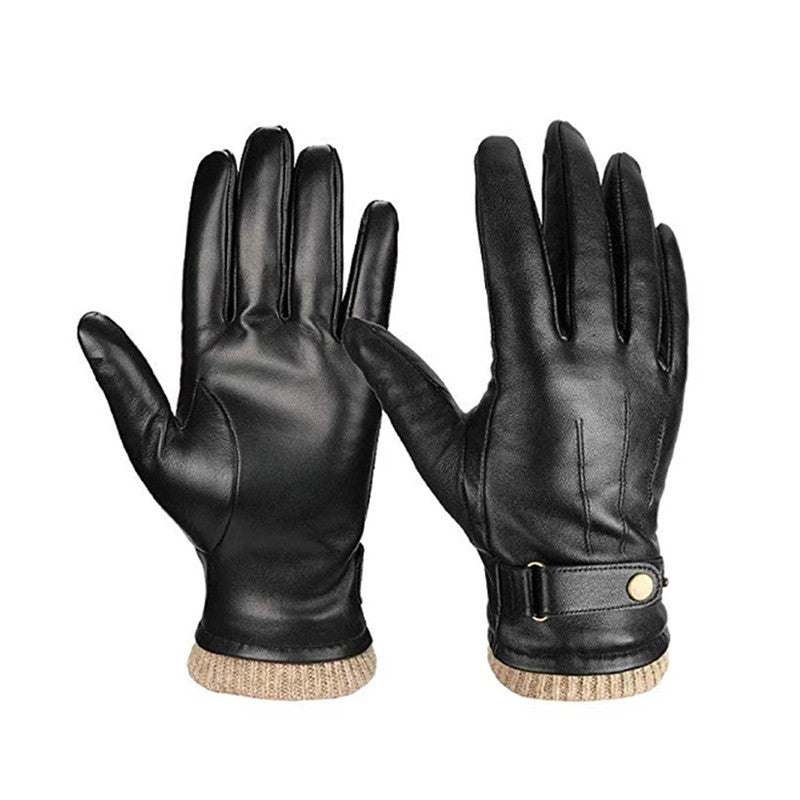 Men's Winter Plus Velvet Warm Gloves Genuine Leather Simple
