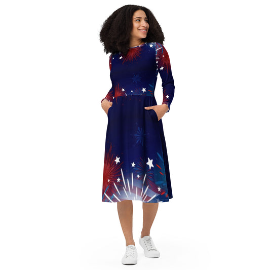 All-over print long sleeve midi dress