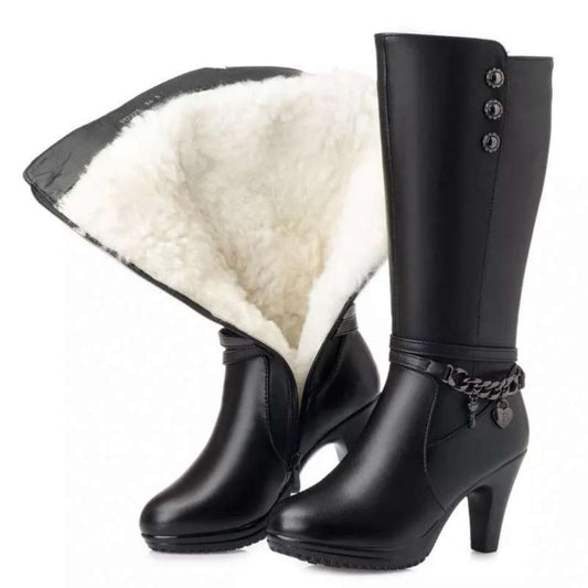 Woman Boots High-heeled Genuine Leather Motorcycle Boots Thick Wool Warm Winter Boots